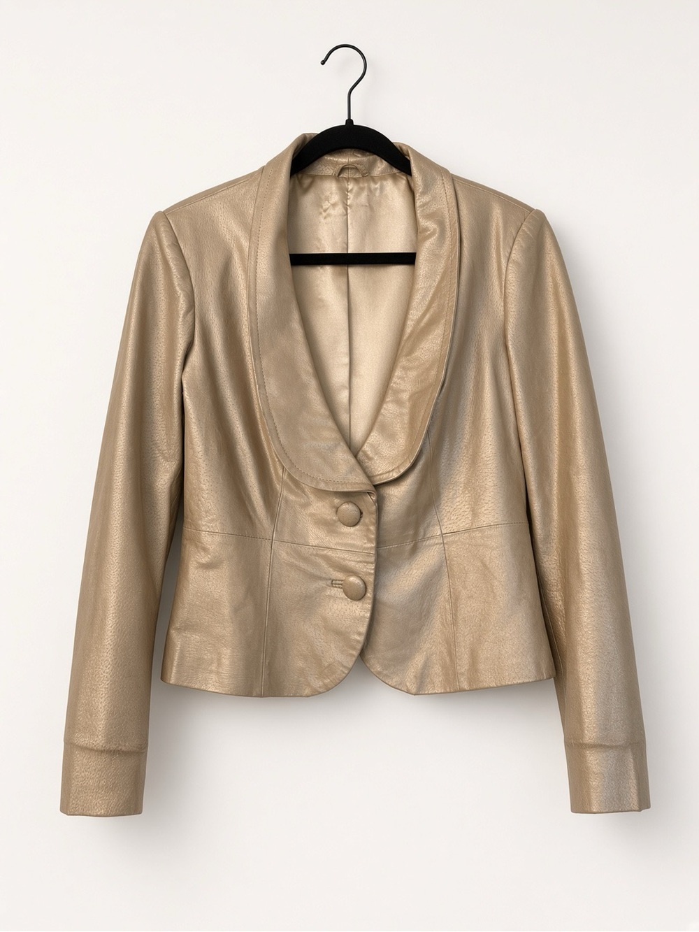 Vintage Metallic Champagne Gold Leather Shawl Collar Blazer Jacket EUC Rare chic